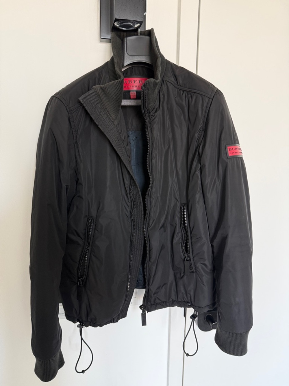 Burberry Black Men's Bomber Jacket with Red Logo Patch
